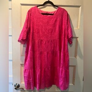 SHEIN LUNE Plus Hot Pink Eyelet Embroidery Ruffle Hem Smock Dress Size 2XL